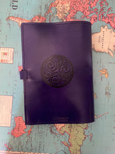 Load image into Gallery viewer, A4 Leather Journal Cover - Celtic Triskele or Triple Spiral - Deep Purple - with Clasp