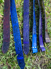 Load image into Gallery viewer, Embossed Medieval/Viking Leather Belts with Ring in choice of Black, Blue, Burgundy or Purple - Individually handmade
