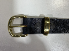 Load image into Gallery viewer, Handmade Leather Belt Full Grain - Hand Dyed Black, Individually Embossed with Celtic design & removable buckle 1.5"/38mm