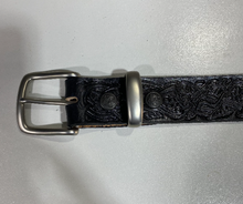 Load image into Gallery viewer, Handmade Leather Belt Full Grain - Hand Dyed Black, Individually Embossed with Celtic design & removable buckle 1.5"/38mm