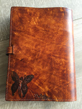 Load image into Gallery viewer, A4 Leather Journal Cover - Celtic Fairies - Brown - with clasp