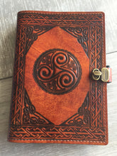 Load image into Gallery viewer, A5 Leather Journal Cover - Celtic Triskele - Brown - with Clasp