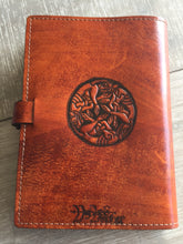 Load image into Gallery viewer, A5 Leather Journal Cover - Celtic Triskele - Brown - with Clasp