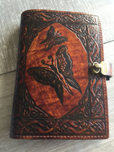 Load image into Gallery viewer, A5 Leather Journal Cover - Celtic Fairies - Brown - with Clasp
