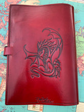 Load image into Gallery viewer, A4 Leather Journal Cover - Celtic Dragon 1 - Red - with Clasp