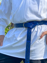 Load image into Gallery viewer, Embossed Medieval/Viking Leather Belts with Ring in choice of Black, Blue, Burgundy or Purple - Individually handmade