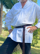 Load image into Gallery viewer, Embossed Medieval/Viking Leather Belts with Ring in choice of Black, Blue, Burgundy or Purple - Individually handmade