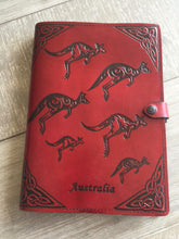 Load image into Gallery viewer, A4 Leather Journal Cover - Bouncing Kangaroos - Red