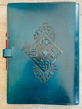 Load image into Gallery viewer, A4 Leather Journal Cover - Celtic Diamond Knot with Gargoyles - Green - with clasp