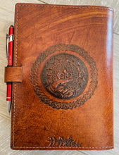 Load image into Gallery viewer, A5 Leather Journal Cover - Celtic Shield Knot with Claddagh - Brown - with Clasp