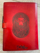 Load image into Gallery viewer, A5 Leather Journal Cover - Celtic Mother Earth - Red - with Clasp