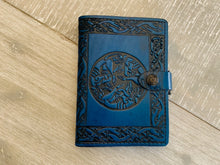 Load image into Gallery viewer, A6 Leather Journal Cover - Celtic Hounds - Blue