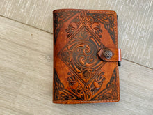 Load image into Gallery viewer, A6 Leather Journal Cover - Celtic Harmony with Gargoyles - Brown