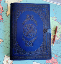 Load image into Gallery viewer, A4 Leather Journal Cover - Celtic Hounds with Claddagh - Blue