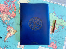 Load image into Gallery viewer, A4 Leather Journal Cover - Celtic Hounds with Claddagh - Blue