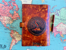 Load image into Gallery viewer, A5 Leather Journal Cover - Celtic Tree of Life with corner pieces - Brown - with Clasp