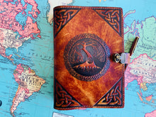 Load image into Gallery viewer, A5 Leather Journal Cover - Celtic Tree of Life with corner pieces - Brown - with Clasp
