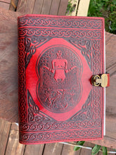Load image into Gallery viewer, A5 Leather Journal Cover - Celtic Goddess of the Well - Red - with Clasp