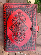 Load image into Gallery viewer, A5 Leather Journal Cover - Celtic Diamond with Gargoyles - Red