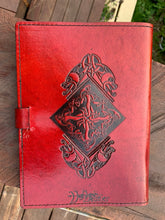 Load image into Gallery viewer, A5 Leather Journal Cover - Celtic Diamond with Gargoyles - Red
