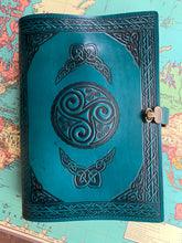 Load image into Gallery viewer, A4 Leather Journal Cover - Celtic Triskele or Triple Spiral with Claddagh - Green - with Clasp