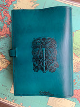 Load image into Gallery viewer, A4 Leather Journal Cover - Celtic Triskele or Triple Spiral with Claddagh - Green - with Clasp