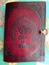 Load image into Gallery viewer, A4 Leather Journal Cover - Book of Shadows with Dragon - Burgundy - with clasp