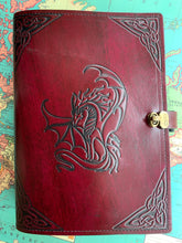 Load image into Gallery viewer, A4 Leather Journal Cover - Celtic Dragon 3 - Burgundy - with Clasp