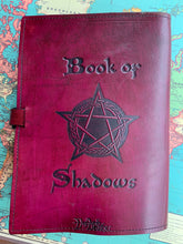 Load image into Gallery viewer, A4 Leather Journal Cover - Book of Shadows with Dragon - Burgundy - with clasp