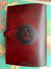 Load image into Gallery viewer, A4 Leather Journal Cover - Celtic Tree of Life - Burgundy - with sleeping dragons border