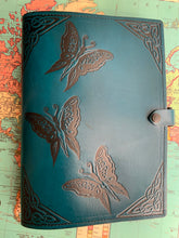 Load image into Gallery viewer, A4 Leather Journal Cover - Celtic Fairies with corner pieces border - Green