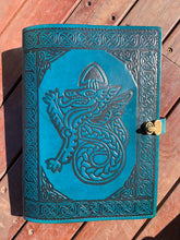 Load image into Gallery viewer, A4 Leather Journal Cover - Celtic Welsh Dragon - Teal - with clasp