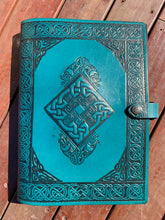 Load image into Gallery viewer, A4 Leather Journal Cover - Celtic Diamond Knot with Gargoyles - Teal