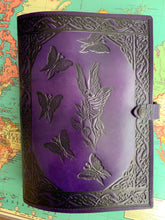 Load image into Gallery viewer, A4 Leather Journal Cover - Celtic Shy Fairy with circling Fairies - Purple