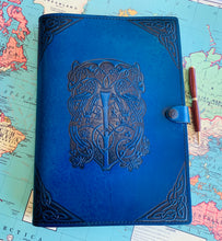 Load image into Gallery viewer, A4 Leather Journal Cover - Celtic Sacred Tree - Blue