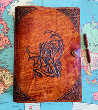 Load image into Gallery viewer, A4 Leather Journal Cover - Celtic Dragon 3 - Brown