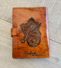 Load image into Gallery viewer, A6 Leather Journal Cover - Celtic Welsh Dragon with Chain of Life Border - Brown