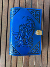 Load image into Gallery viewer, A5 Leather Journal Cover - Celtic Dragon 3 - Blue - with Clasp