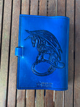 Load image into Gallery viewer, A5 Leather Journal Cover - Celtic Dragon 3 - Blue - with Clasp