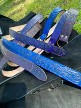 Load image into Gallery viewer, Embossed Medieval/Viking Leather Belts with Ring in choice of Black, Blue, Burgundy or Purple - Individually handmade