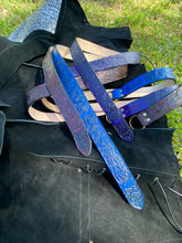Load image into Gallery viewer, Embossed Medieval/Viking Leather Belts with Ring in choice of Black, Blue, Burgundy or Purple - Individually handmade