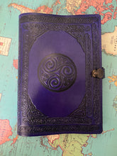 Load image into Gallery viewer, A4 Leather Journal Cover - Celtic Triskele or Triple Spiral - Deep Purple - with Clasp
