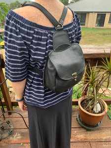 Leather Backpack Individually Hand Made -  Black - with swing clasp and adjustable leather strap