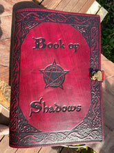 Load image into Gallery viewer, A4 Leather Journal Cover - Book of Shadows with Pentagram - Burgundy - with clasp
