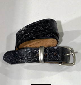 Handmade Leather Belt Full Grain - Hand Dyed Black, Individually Embossed with Celtic design & removable buckle 1.5"/38mm