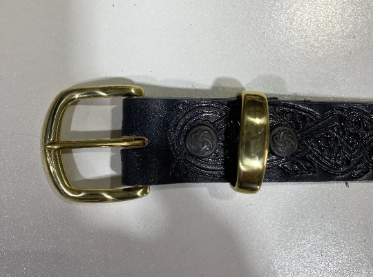 Handmade Leather Belt Full Grain - Hand Dyed Black, Individually Embossed with Celtic design & removable buckle 1.5