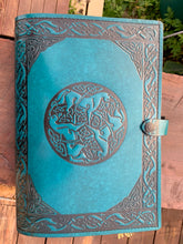 Load image into Gallery viewer, A4 Leather Journal Cover - Celtic Horses - Teal
