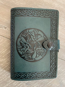 A6 Leather Journal Cover - Celtic Hounds - Green