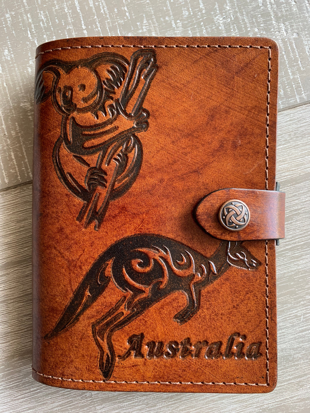 A6 Leather Journal Cover - Australian Koala & Kangaroo - Brown