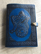 Load image into Gallery viewer, A4 Leather Journal Cover - Celtic Welsh Dragon - Blue - with clasp
